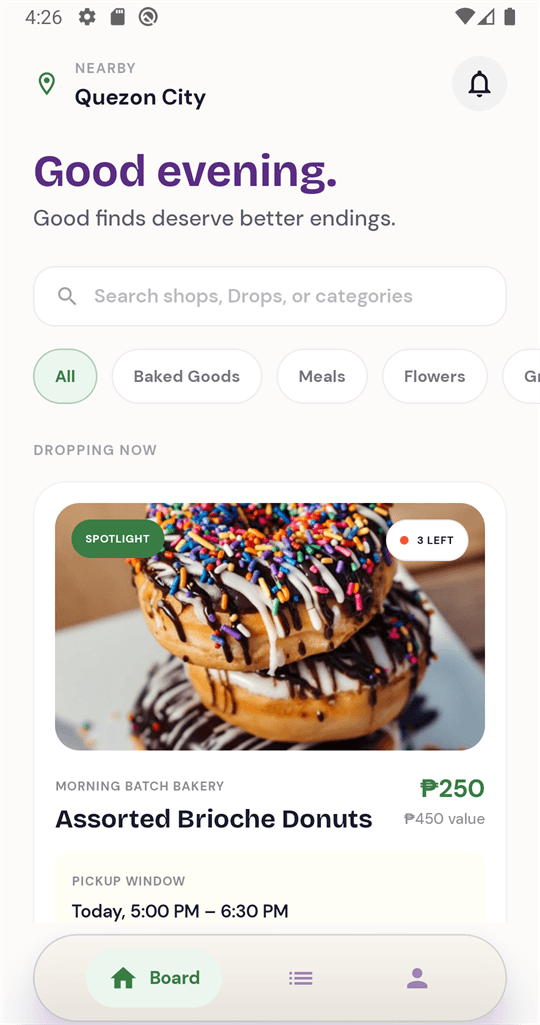 The Salo app Board screen, listing a Drop with its price, pickup window, and how many are left.
