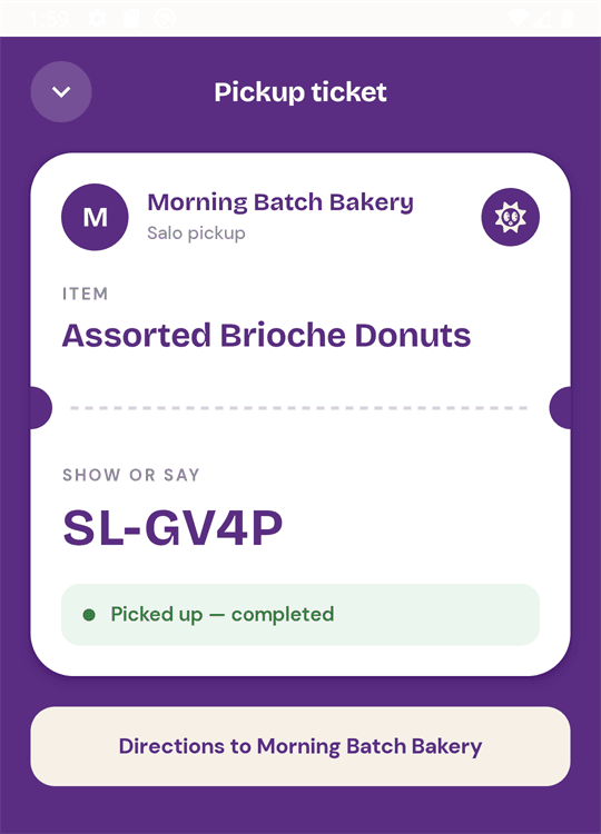 A Salo pickup ticket marked as picked up and completed.