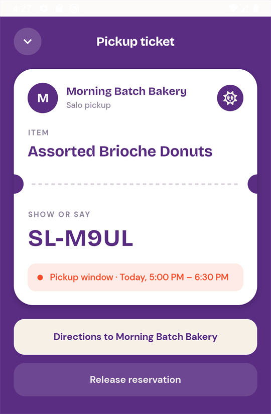 A Salo pickup ticket showing the shop, the item, a large pickup code, and the pickup window.